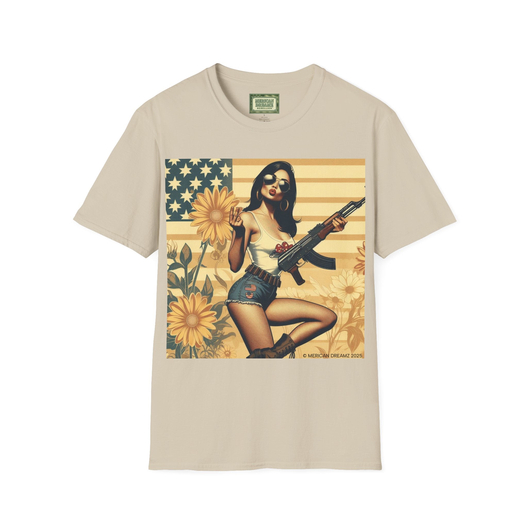 Graphic T-Shirt — Patriotic Pinup Girl with Rifle Vintage Flag Design (US Only)