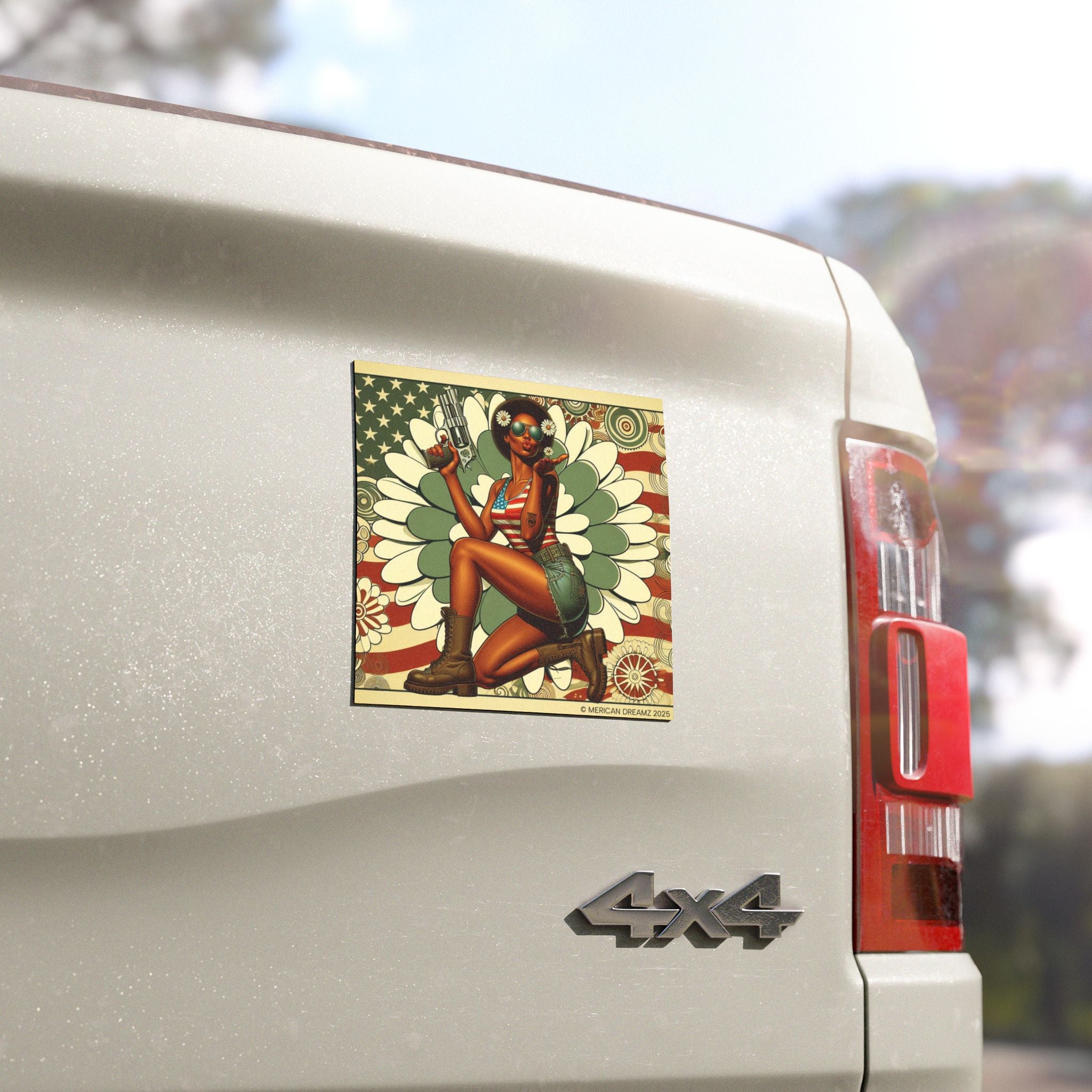 Car Magnet Patriotic Americana Pinup girl with Pistol | Square American Flag Vintage Floral