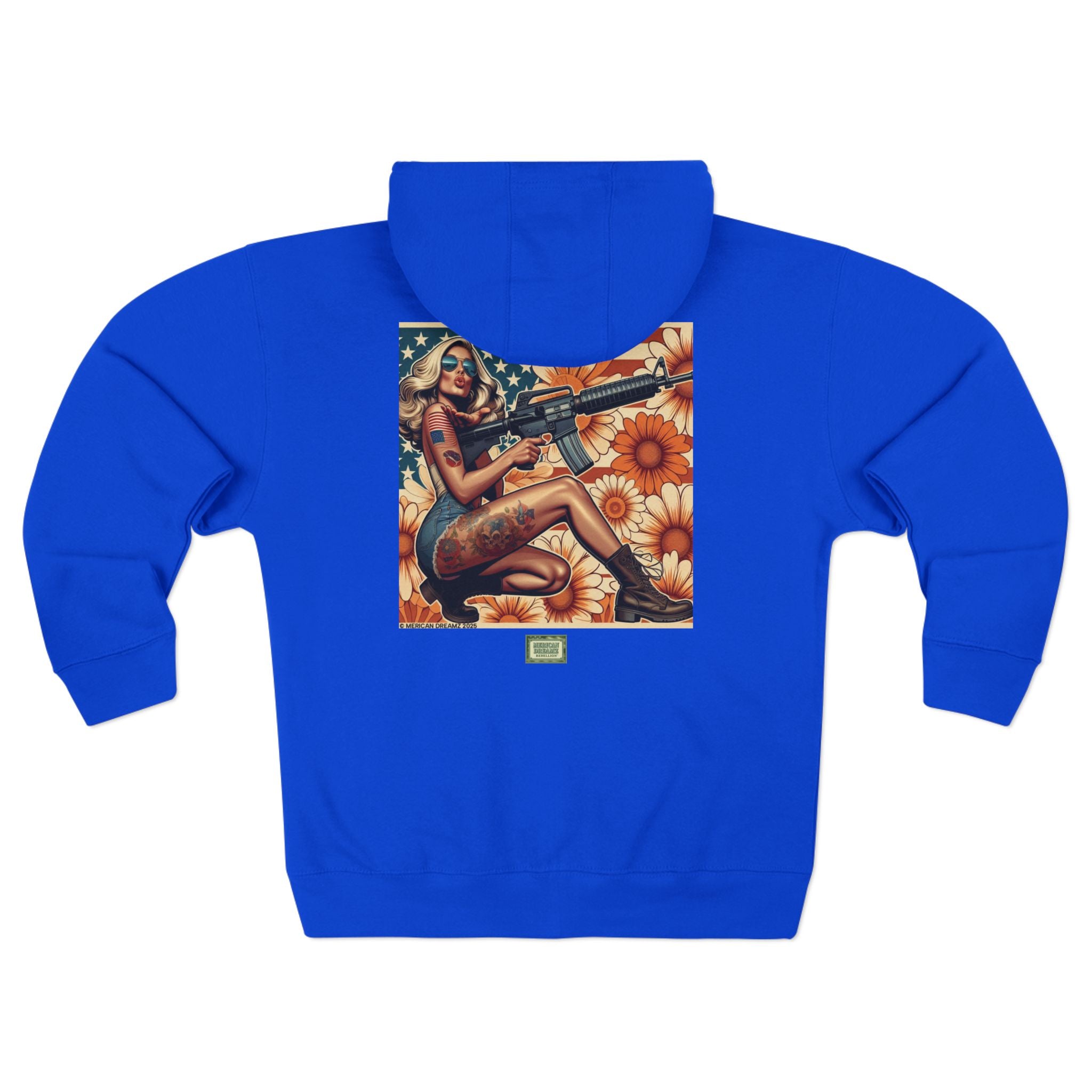 Americana Pinup Cowgirl with AR-15 Zip Hoodie — Retro Vintage Patriotic Graphic