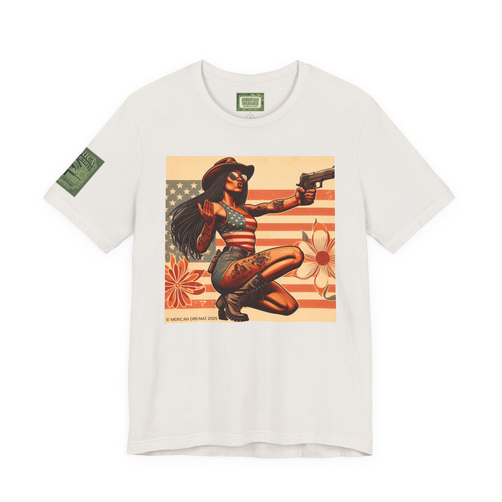 Graphic Short Sleeve Tee front and back — Retro Americana Pin-Up Cowgirls with 9mm Pistols