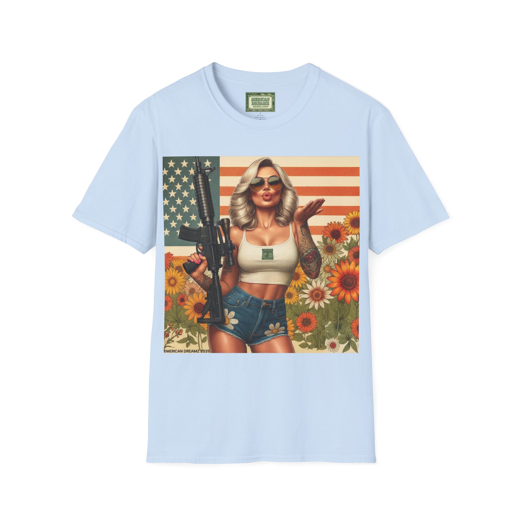 Pin-Up Americana T-Shirt — Retro Floral Gun Cowgirl Vintage Style (US Only)
