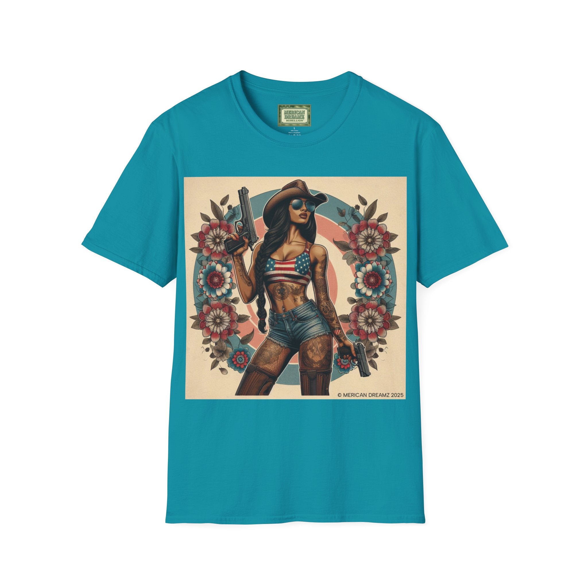 Pin-Up Americana T-Shirt — Retro Floral Gun Cowgirl Vintage Style (US Only)