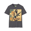 Graphic T-Shirt — Patriotic Pinup Girl with Rifle Vintage Flag Design (US Only)