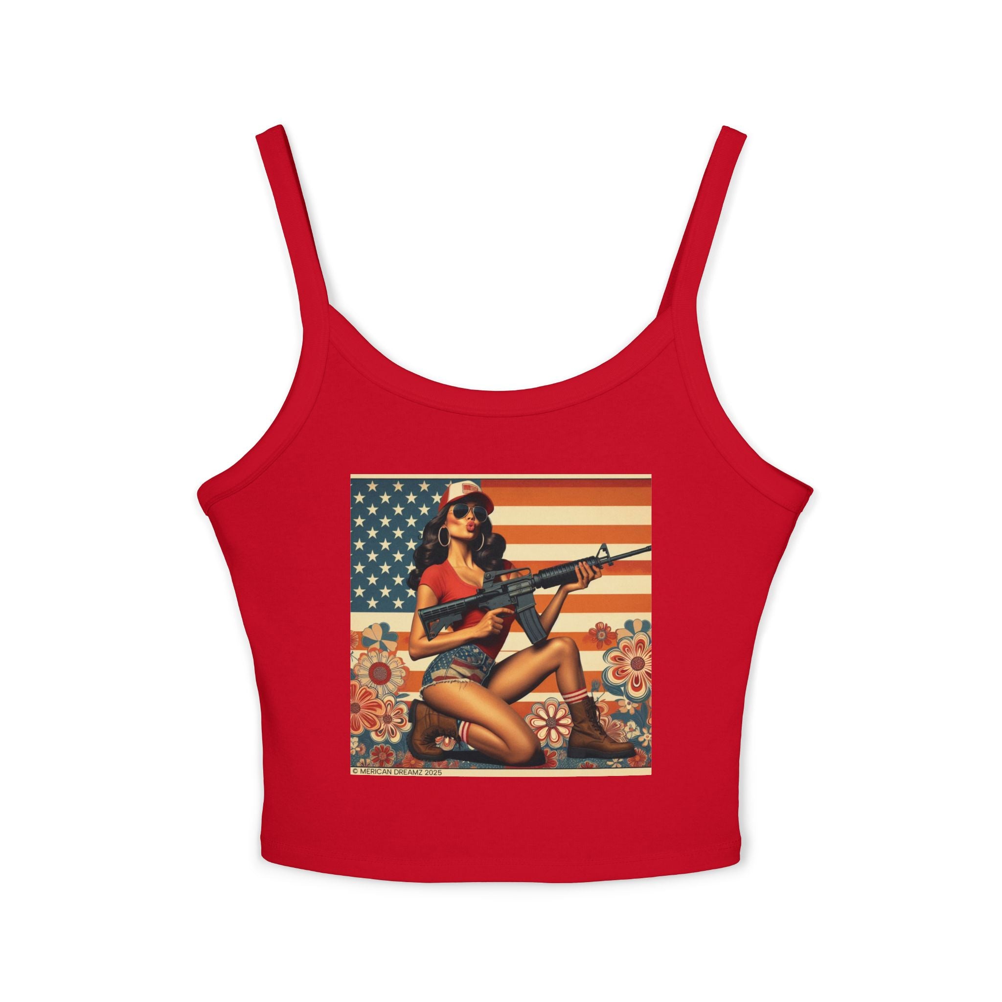 Retro Pinup Girl Tank Top — Vintage Flag & Floral Spaghetti Strap