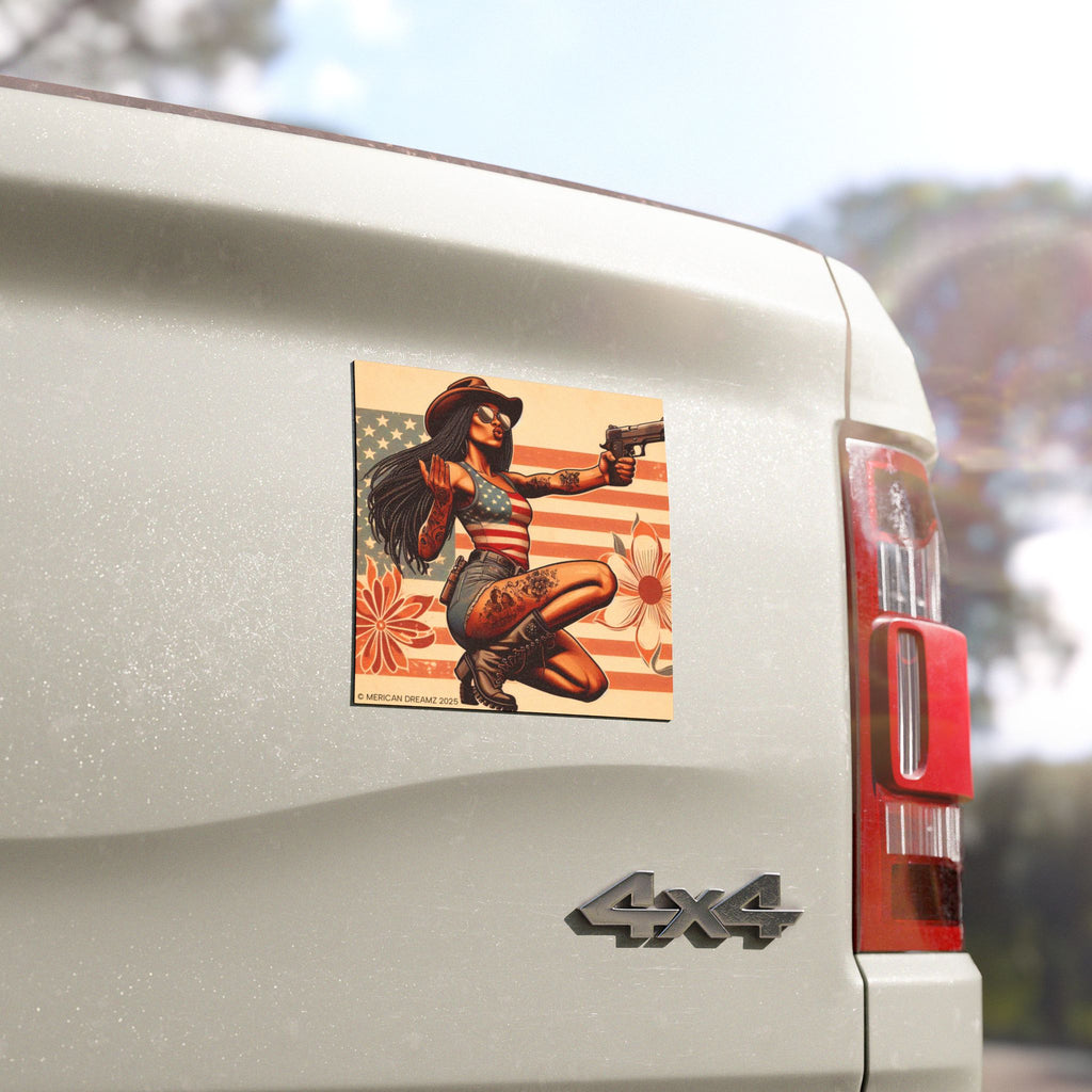 Car Magnet Patriotic Americana Cowgirl with Pistol | Square American Flag Vintage Floral