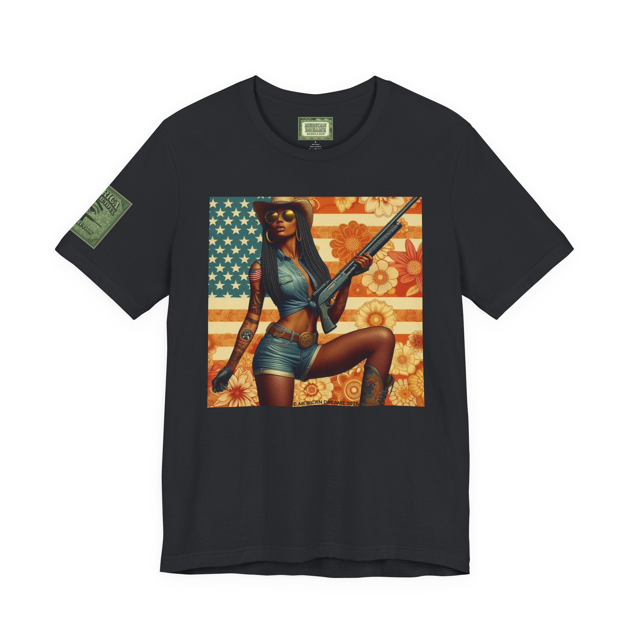Graphic Short Sleeve Tee front and back — Retro Americana Pin-Up Cowgirls with 12 Gauge Shotguns