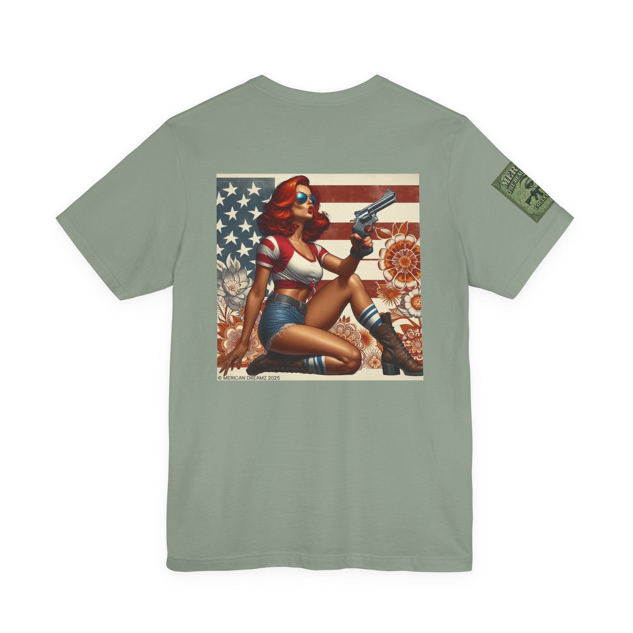 Graphic Short Sleeve Tee front and back — Retro Americana Pin-Up Cowgirls with .44 Magnum Revolvers