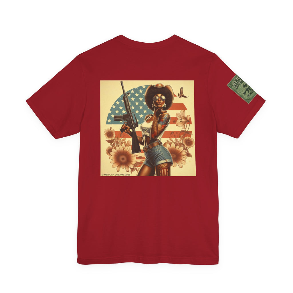 Graphic Short Sleeve Tee front and back — Retro Americana Pin-Up Cowgirls with .44 Magnum and AR-15