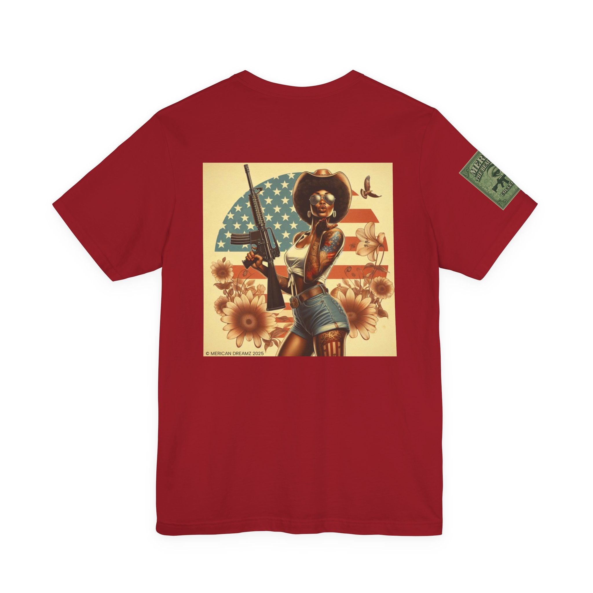 Graphic Short Sleeve Tee front and back — Retro Americana Pin-Up Cowgirls with .44 Magnum and AR-15