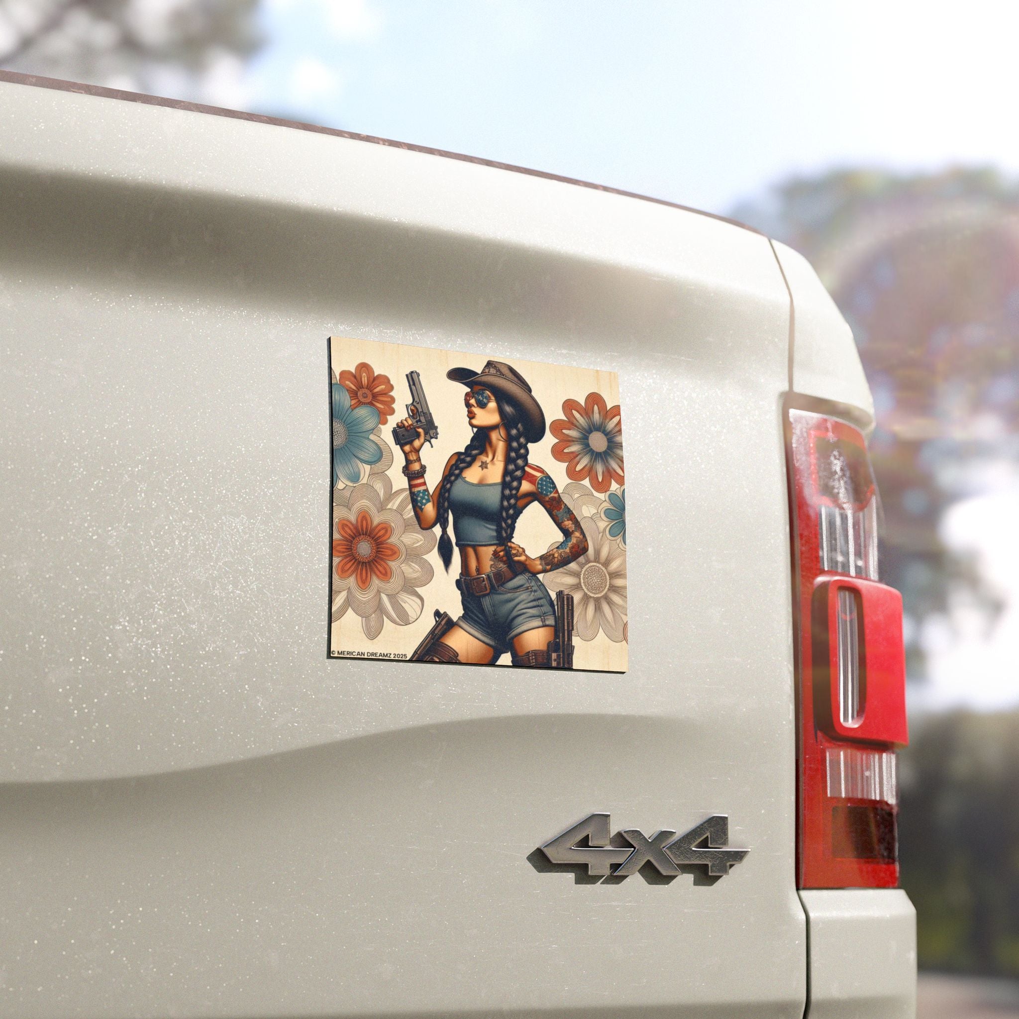 Car Magnet Patriotic Americana Cowgirl with Pistol | Square American Flag Vintage Floral