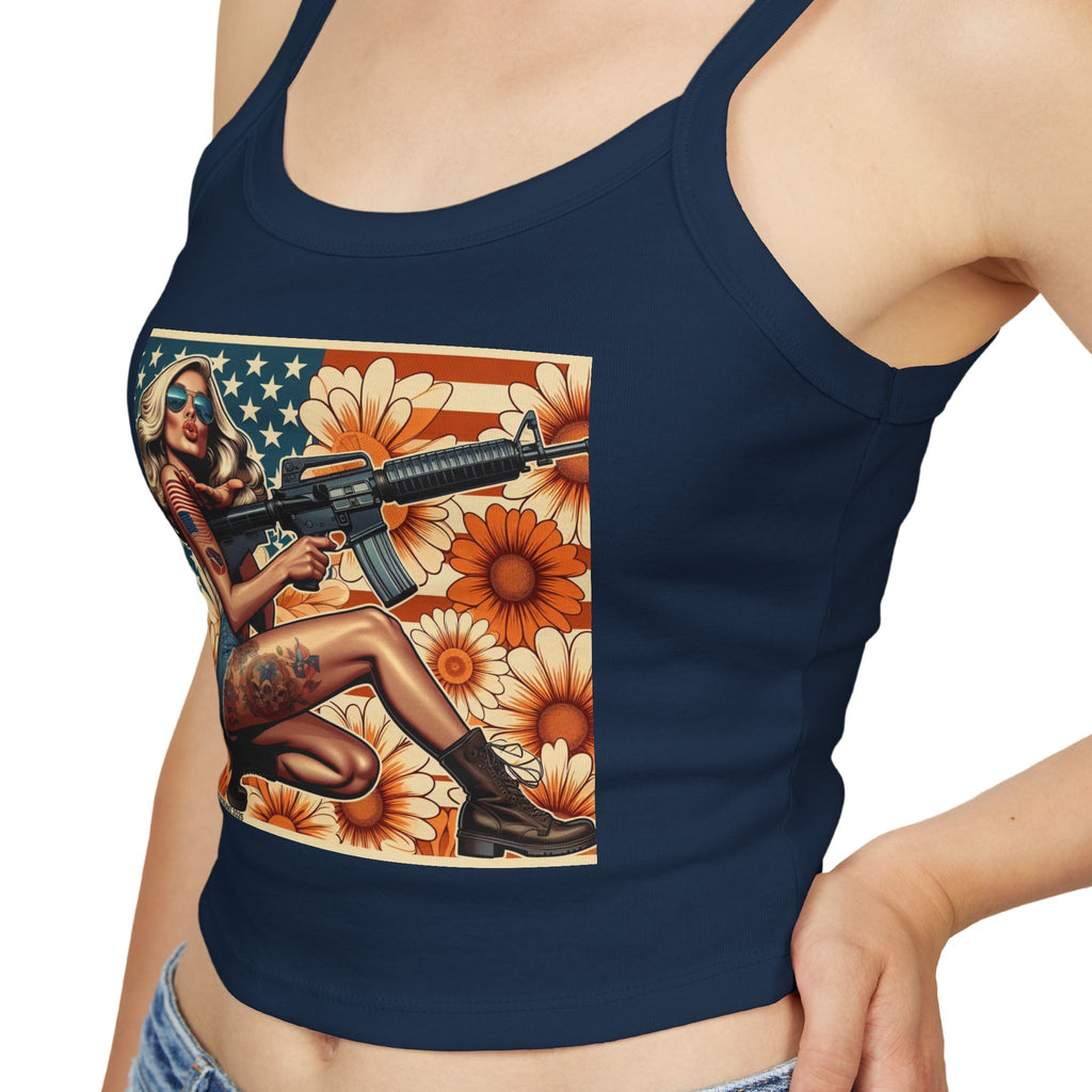 Retro Pinup Girl Tank Top — Vintage Flag & Floral Spaghetti Strap