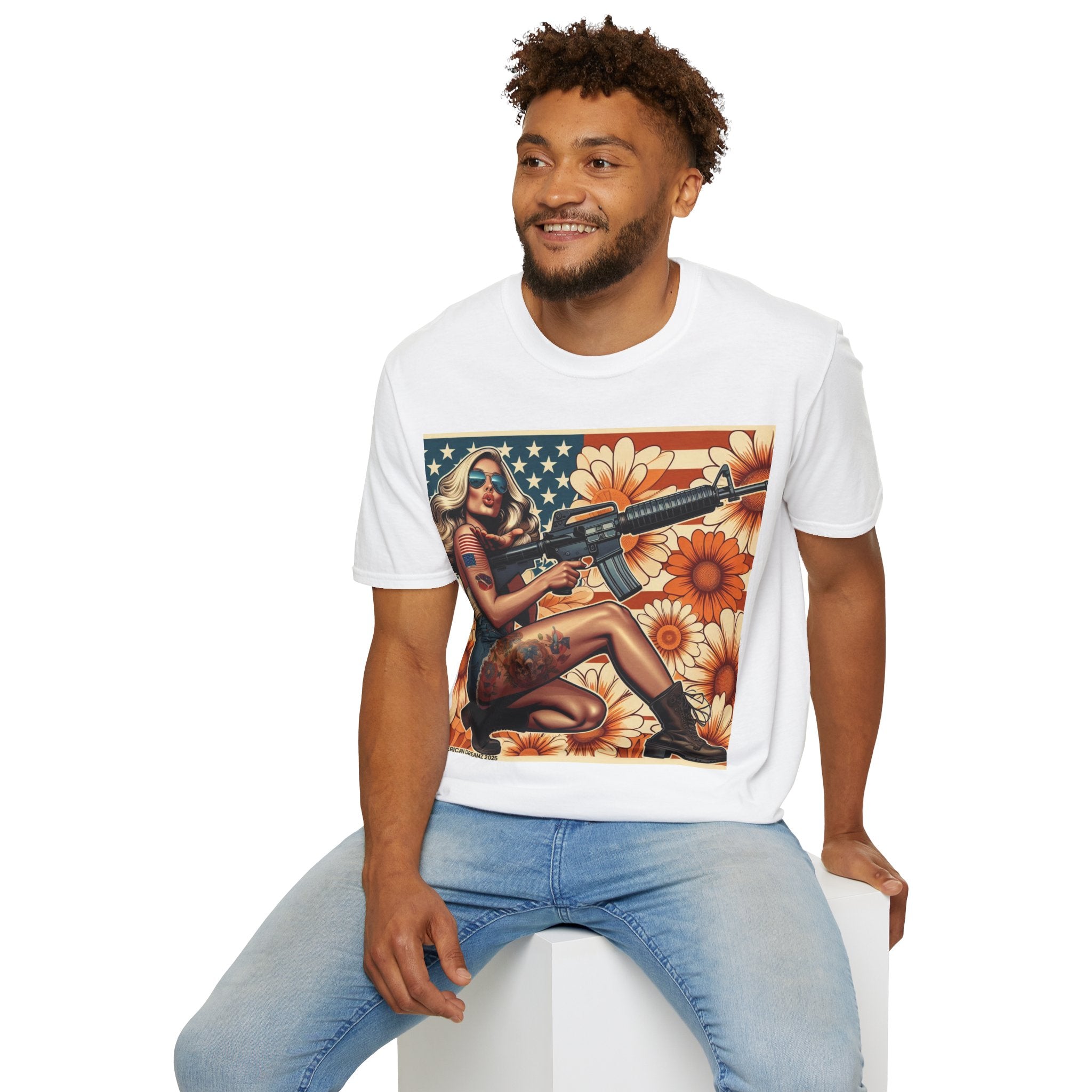 Graphic T-Shirt — Patriotic Pinup Girl with Rifle Vintage Flag Design (US Only)