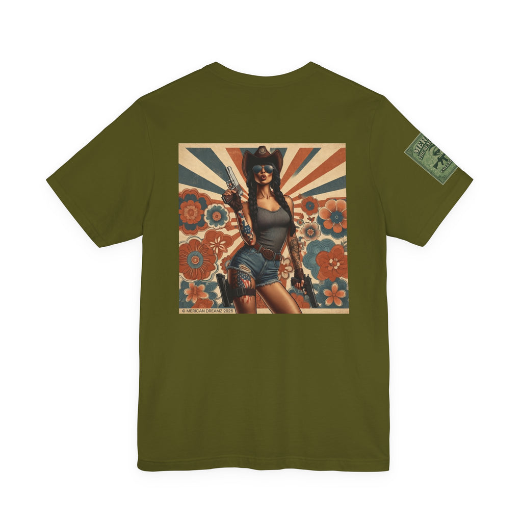 Graphic Short Sleeve Tee front and back — Retro Americana Pin-Up Cowgirls with 9mm Pistols