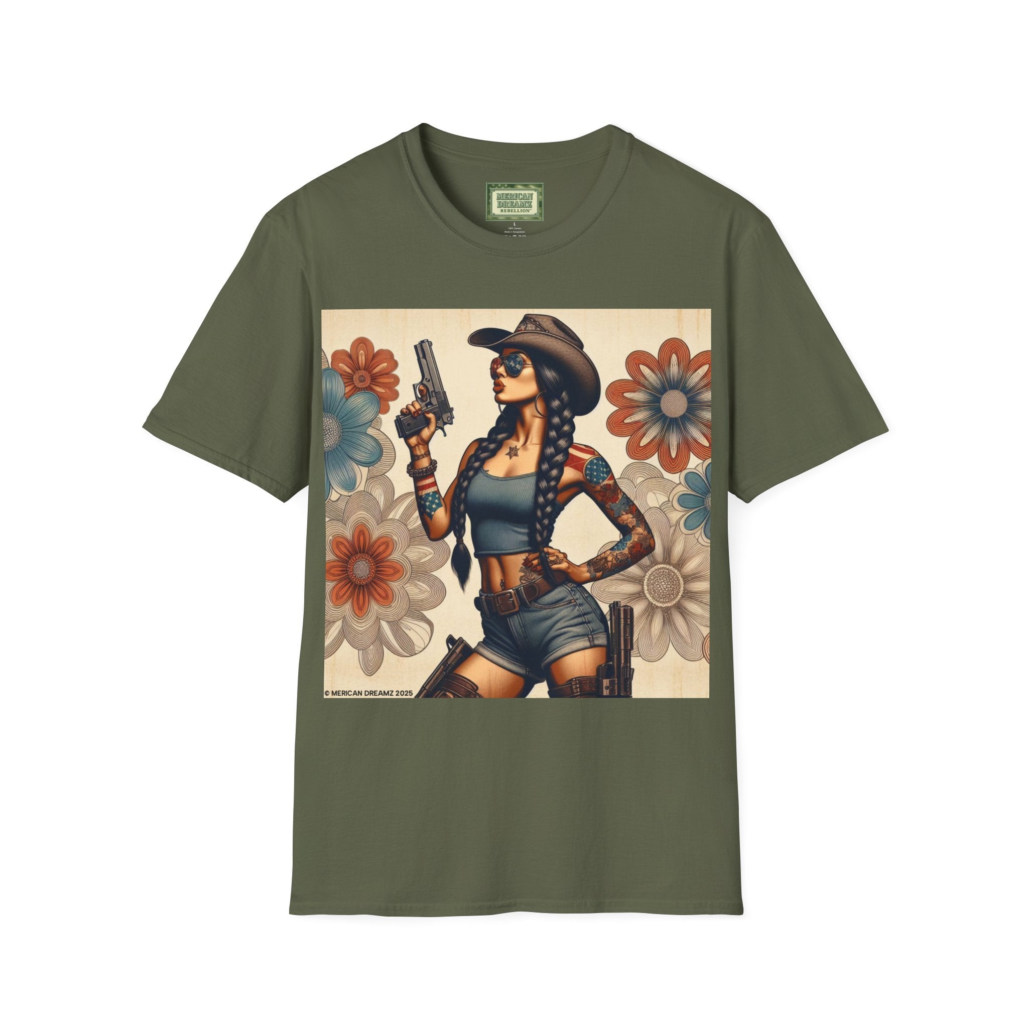Pin-Up Americana T-Shirt — Retro Floral Gun Cowgirl Vintage Style (US Only)