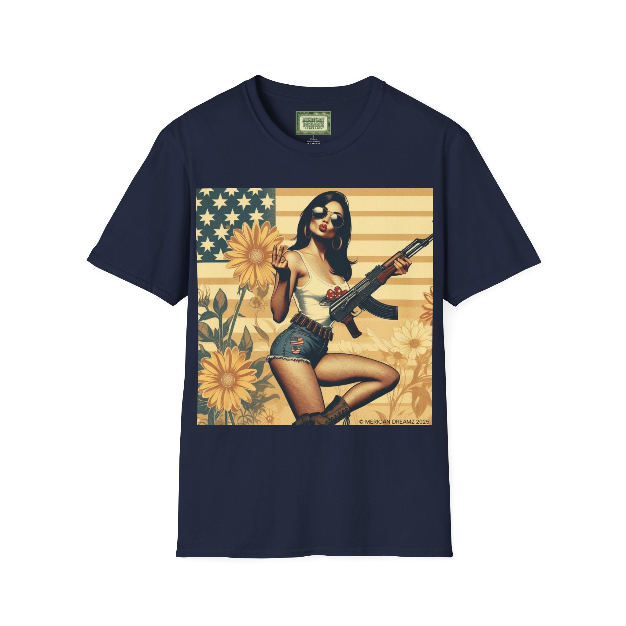 Graphic T-Shirt — Patriotic Pinup Girl with Rifle Vintage Flag Design (US Only)