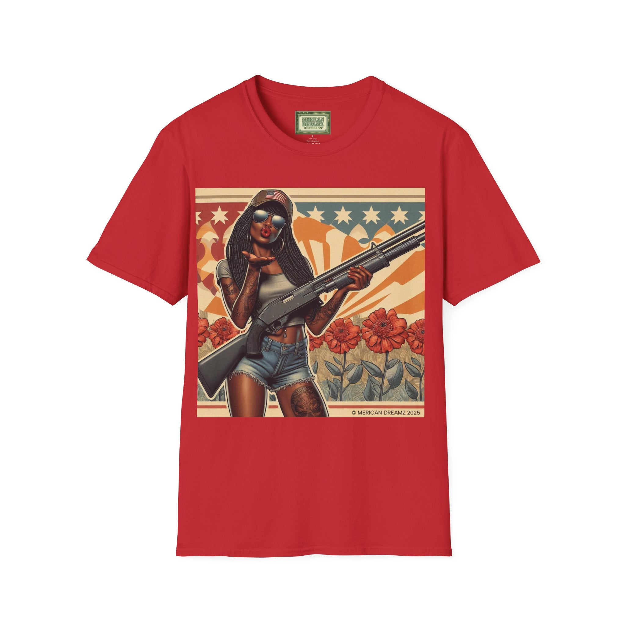 Graphic T-Shirt — Patriotic Pinup Girl with Shotgun Vintage Flag Design (US Only)