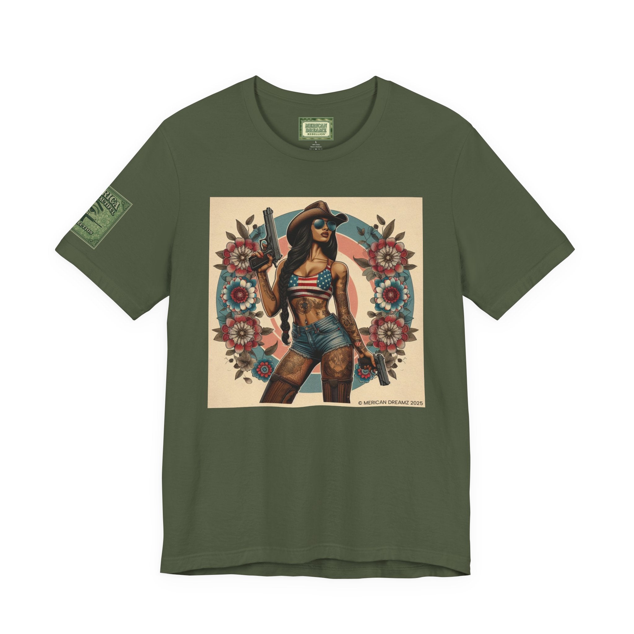 Graphic Short Sleeve Tee front and back — Retro Americana Pin-Up Cowgirls with 9mm Pistols