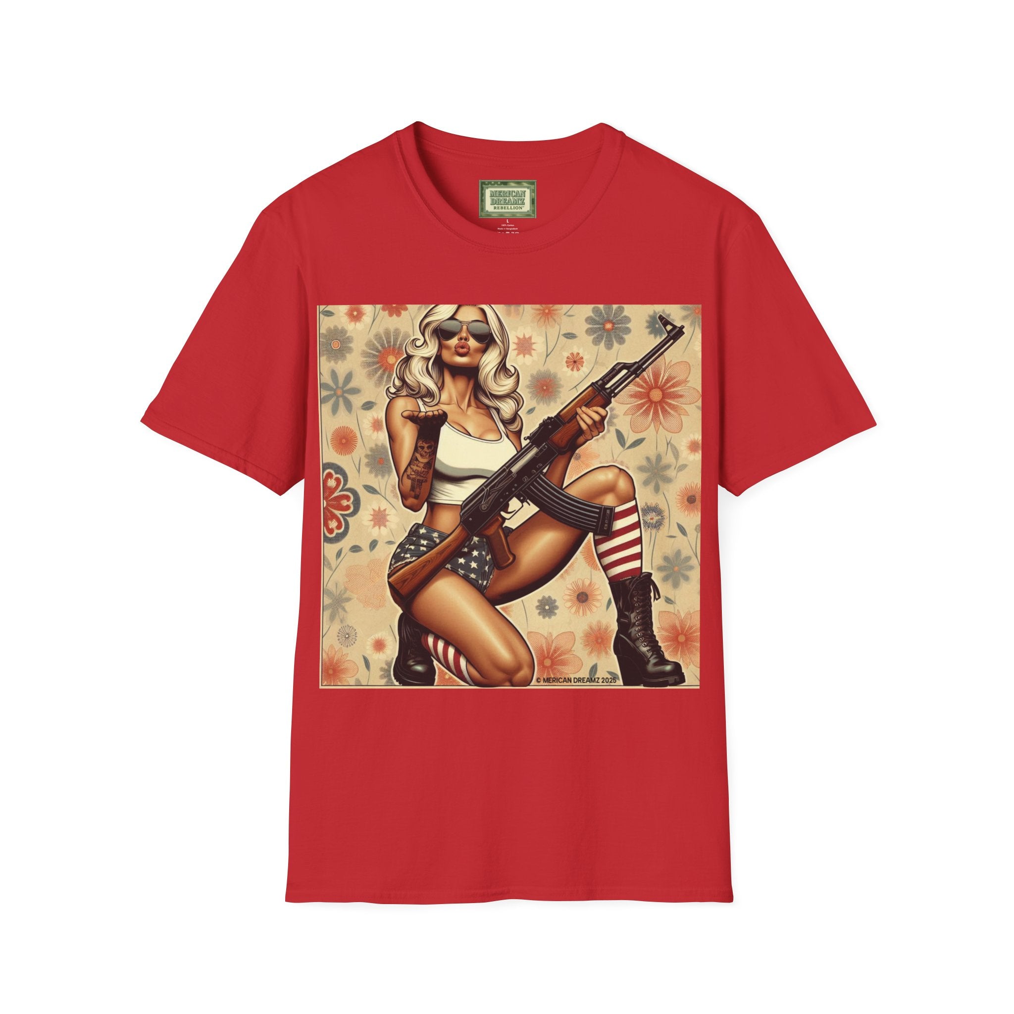Graphic T-Shirt — Patriotic Pinup Girl with Rifle Vintage Flag Design (US Only)