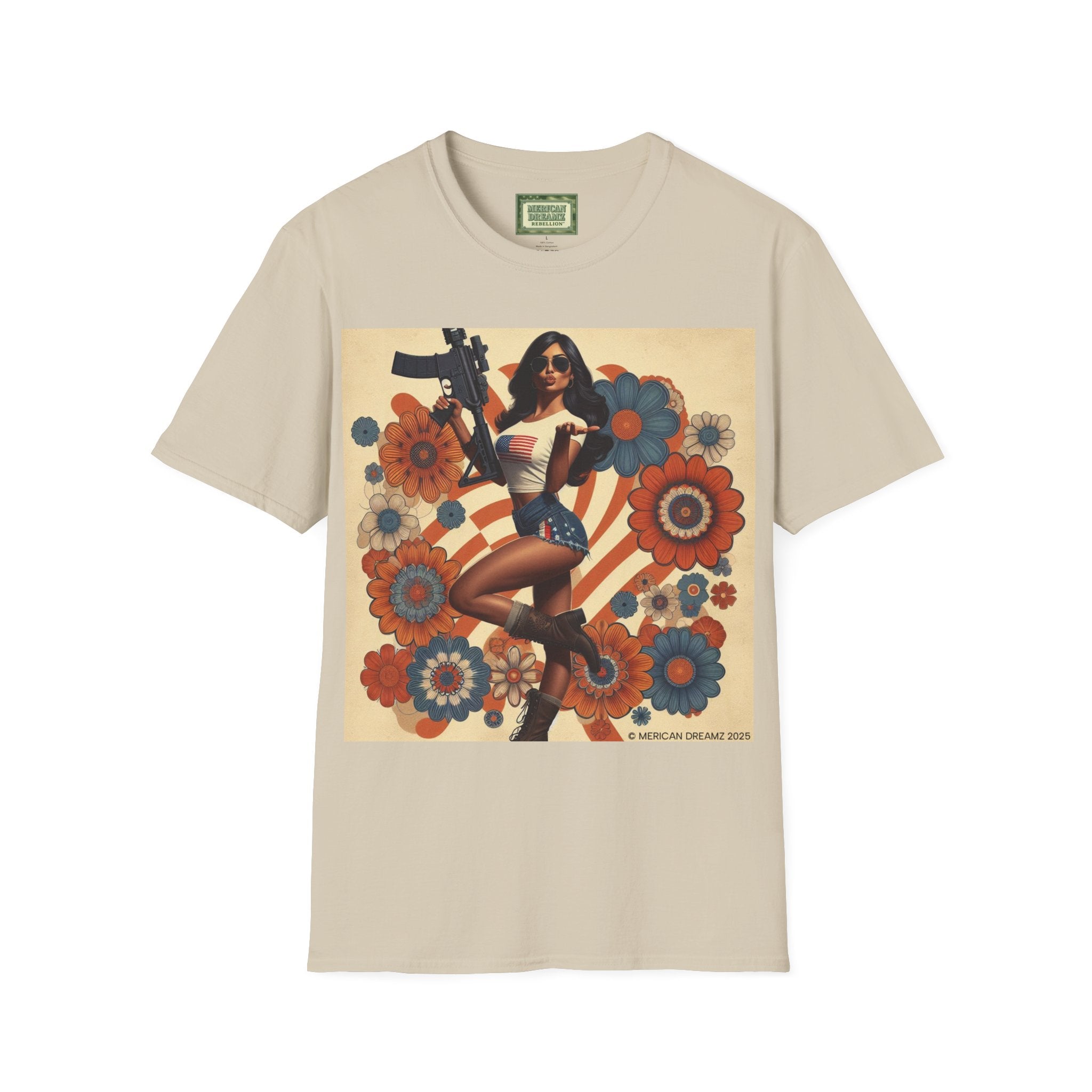 Graphic T-Shirt — Patriotic Pinup Girl with Rifle Vintage Flag Design (US Only)