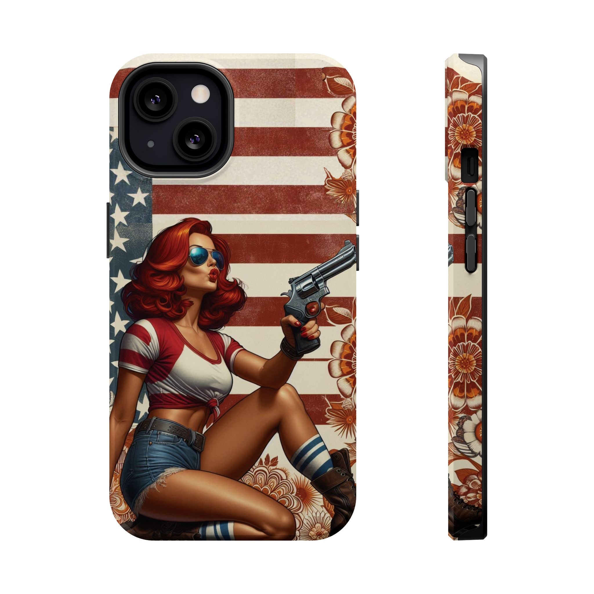 Americana .44 Magnum Pinup Girl - Magnetic Impact‑Resistant Phone Case  iPhone 13-17 / Samsung S26  MagSafe Compatible