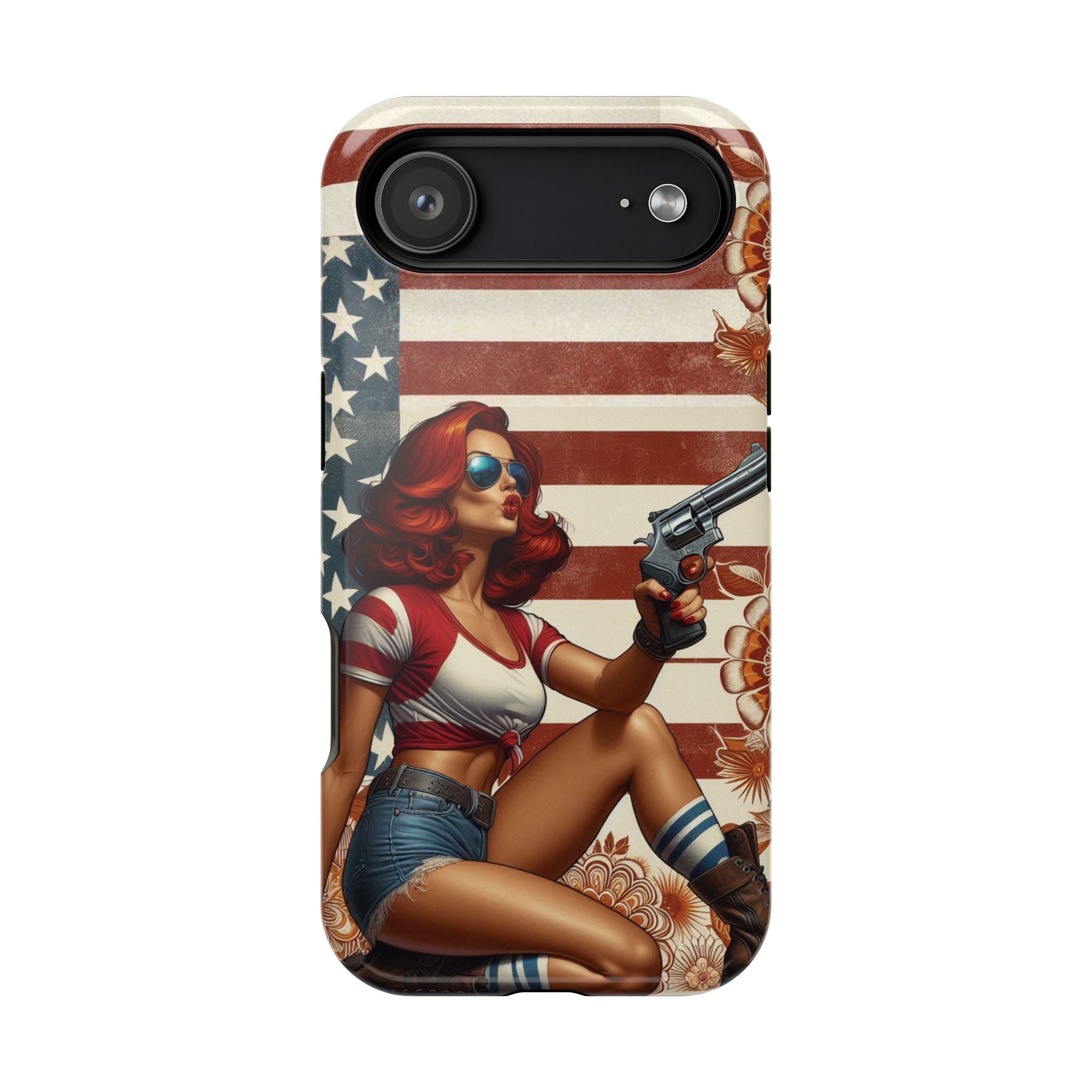 Americana .44 Magnum Pinup Girl - Magnetic Impact‑Resistant Phone Case  iPhone 13-17 / Samsung S26  MagSafe Compatible