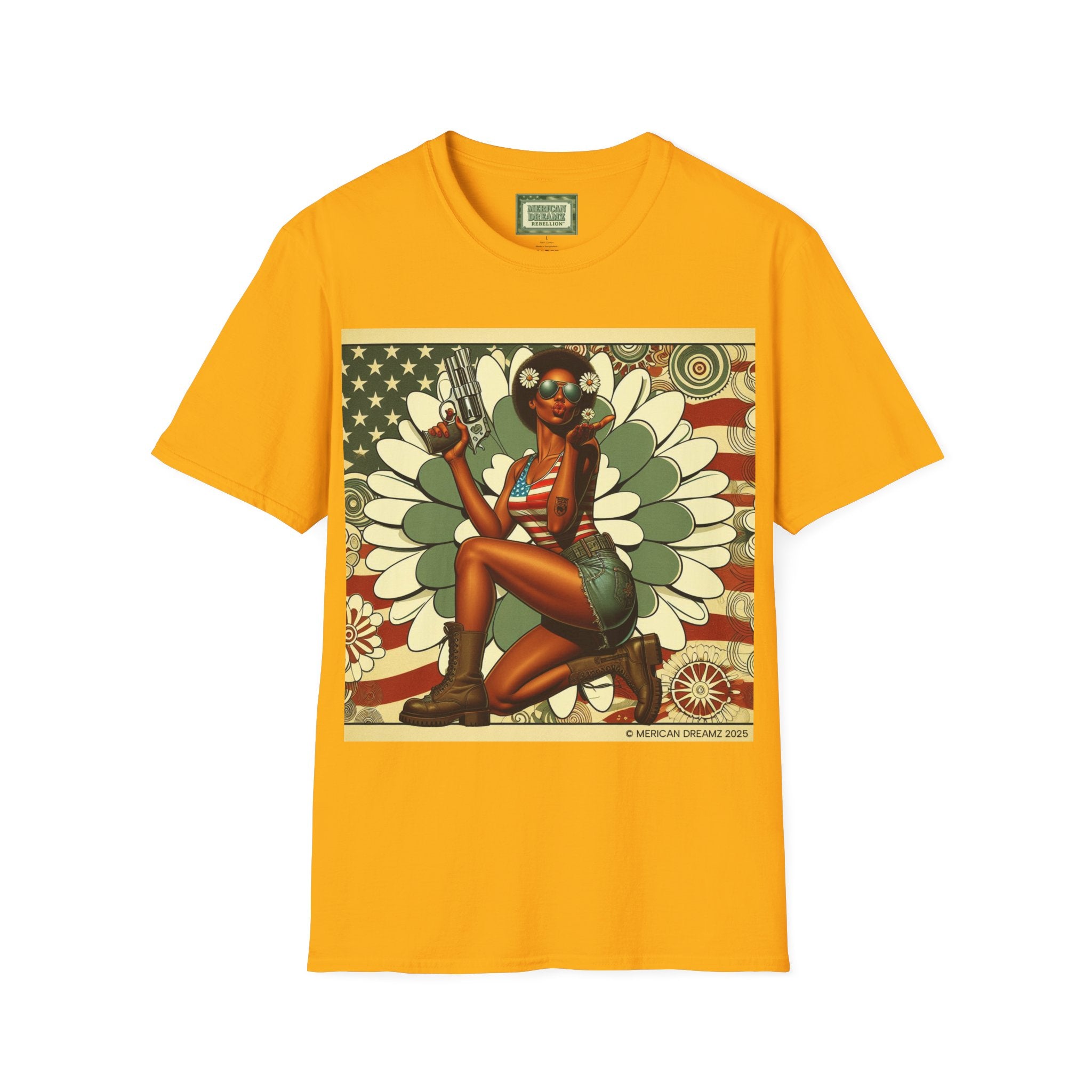 Graphic T-Shirt — Patriotic Pinup Girl with Pistol Vintage Flag Design (US Only)