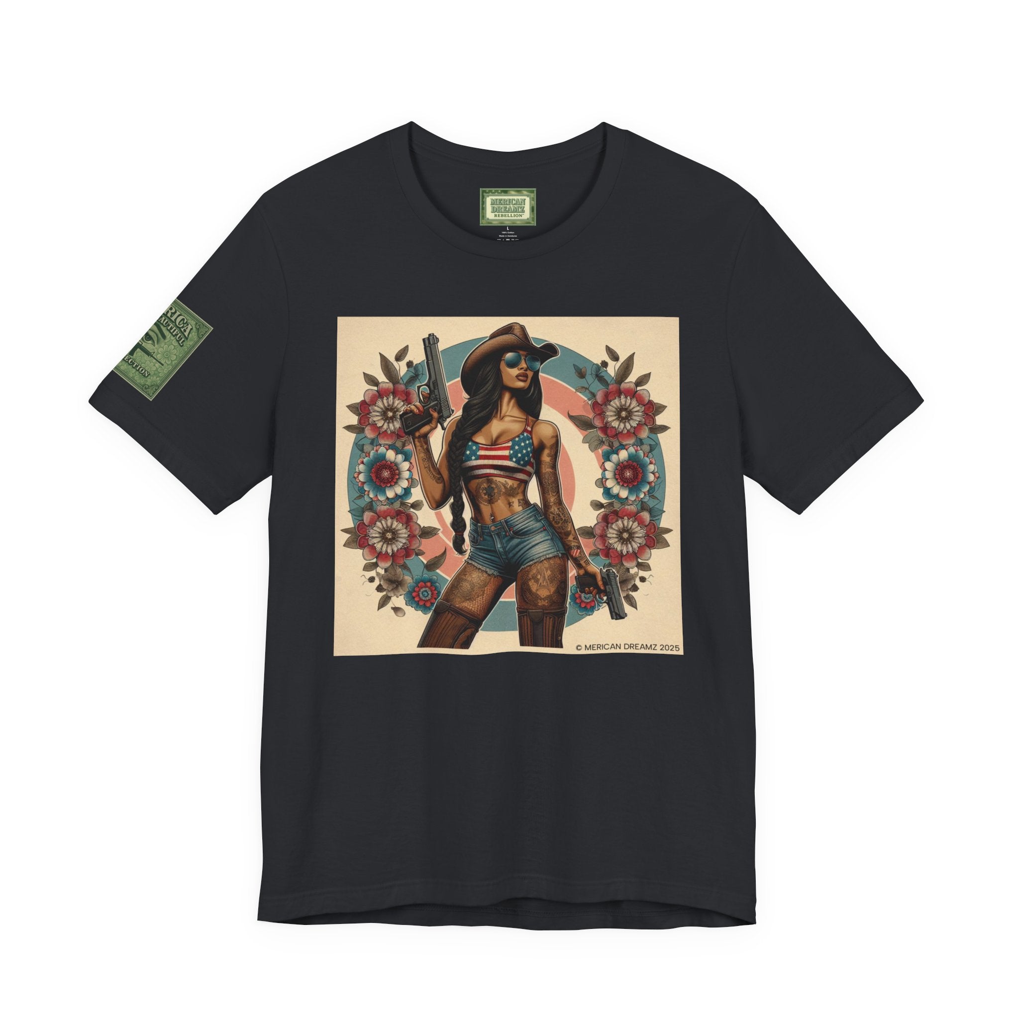 Graphic Short Sleeve Tee front and back — Retro Americana Pin-Up Cowgirls with 9mm Pistols