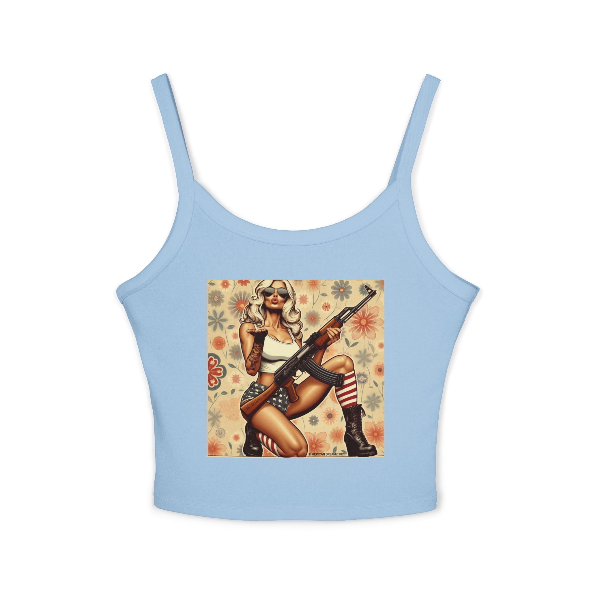 Retro Pinup Girl Tank Top — Vintage Flag & Floral Spaghetti Strap